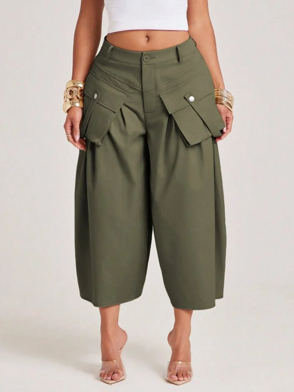 Army Green Casual Women's Loose Cargo Capris